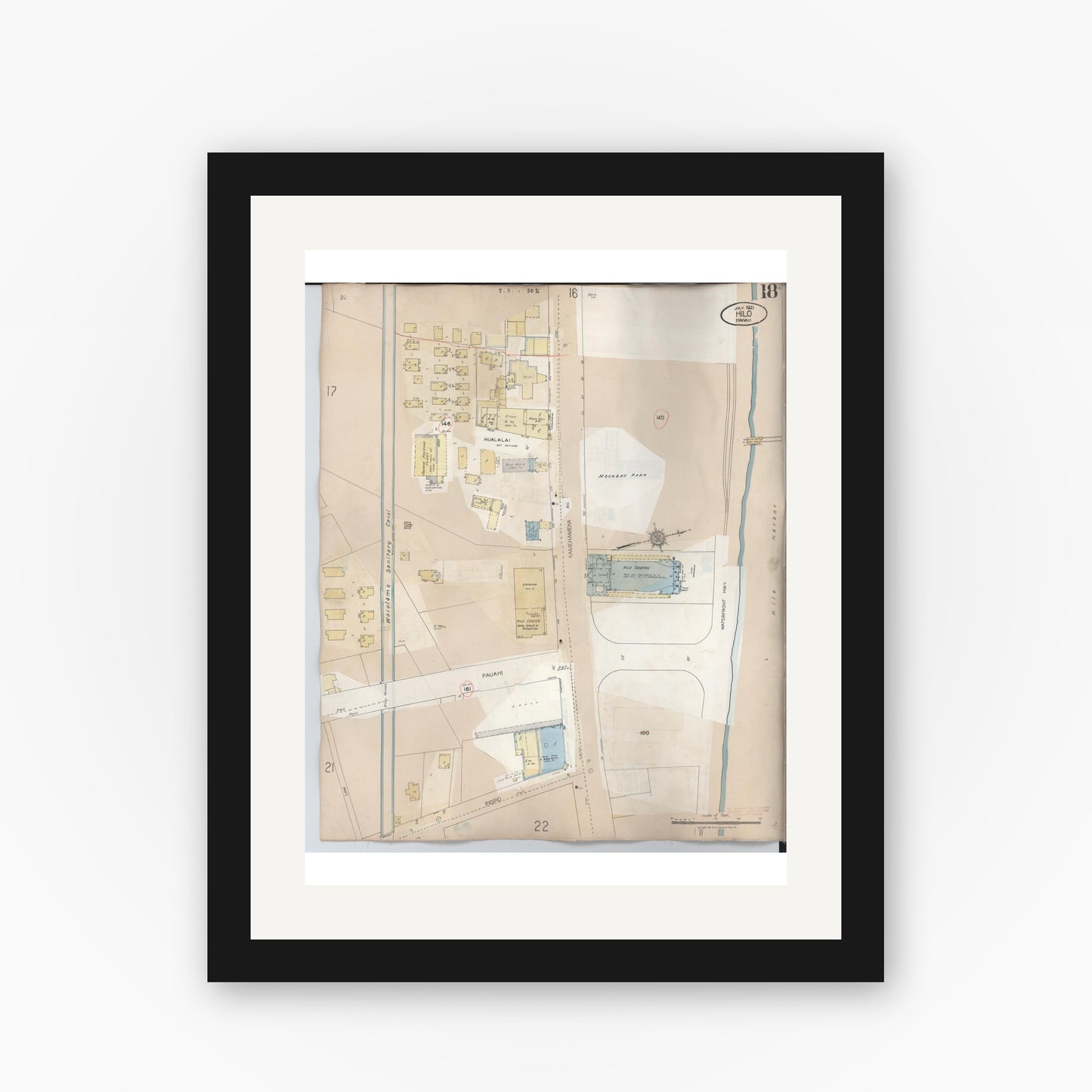 Old map wall art mockup — black gallery frame with white mat — Sanborn Fire Insurance Map from Hilo, Hawaii County, Hawaii (1957), Sheet #0018