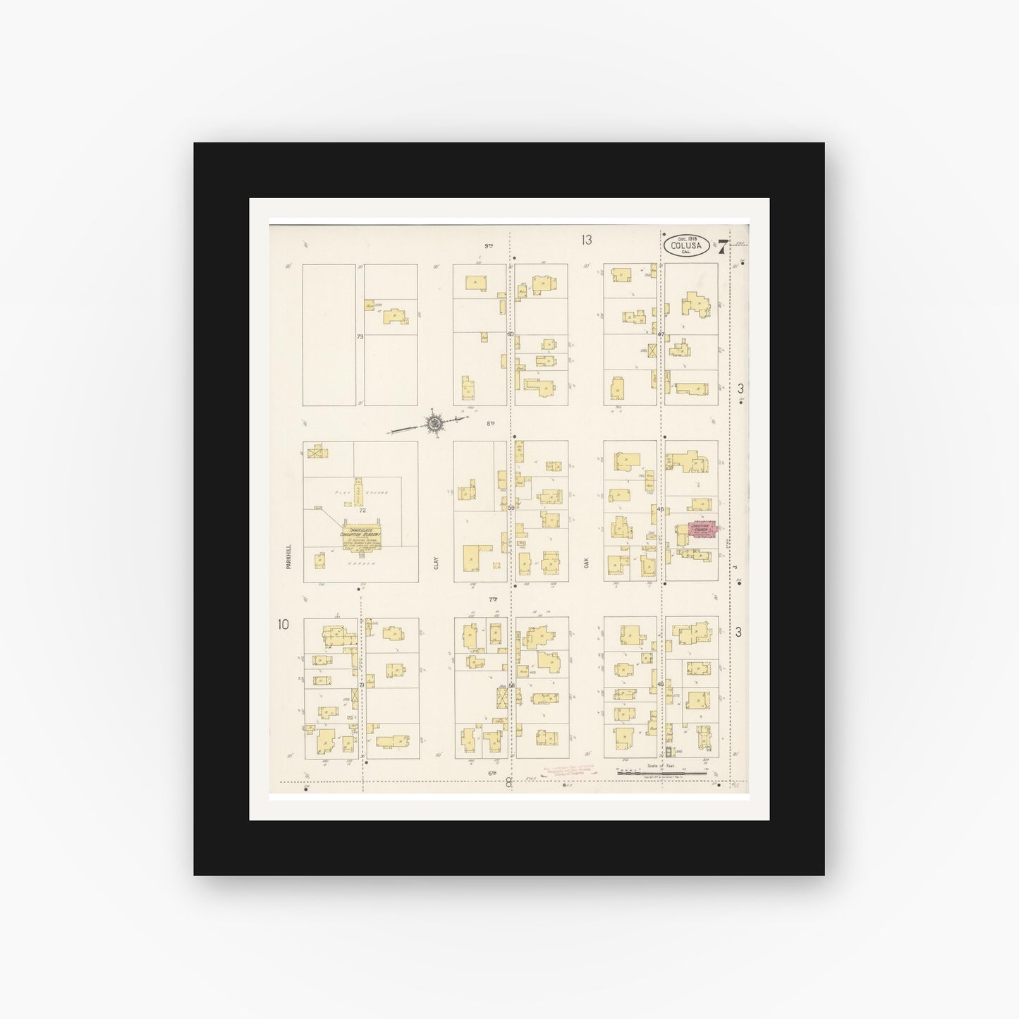 Old map wall art mockup — black gallery frame with white mat — Sanborn Fire Insurance Map from Colusa, Colusa County, California (1918), Sheet #0007