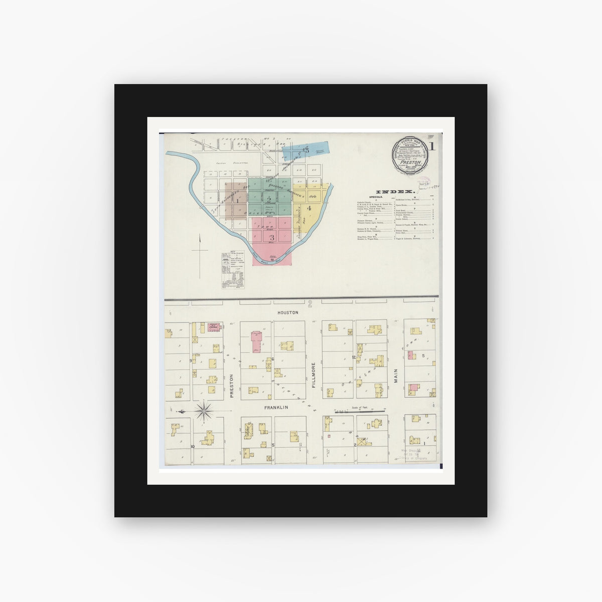 Old map wall art mockup — black gallery frame with white mat — Sanborn Fire Insurance Map from Preston, Fillmore County, Minnesota (1894) - Complete Map Set