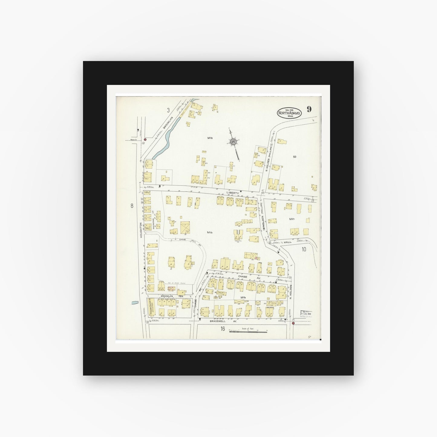 Old map wall art mockup — black gallery frame with white mat — Sanborn Fire Insurance Map from North Adams, Berkshire County, Massachusetts (1914), Sheet #0009