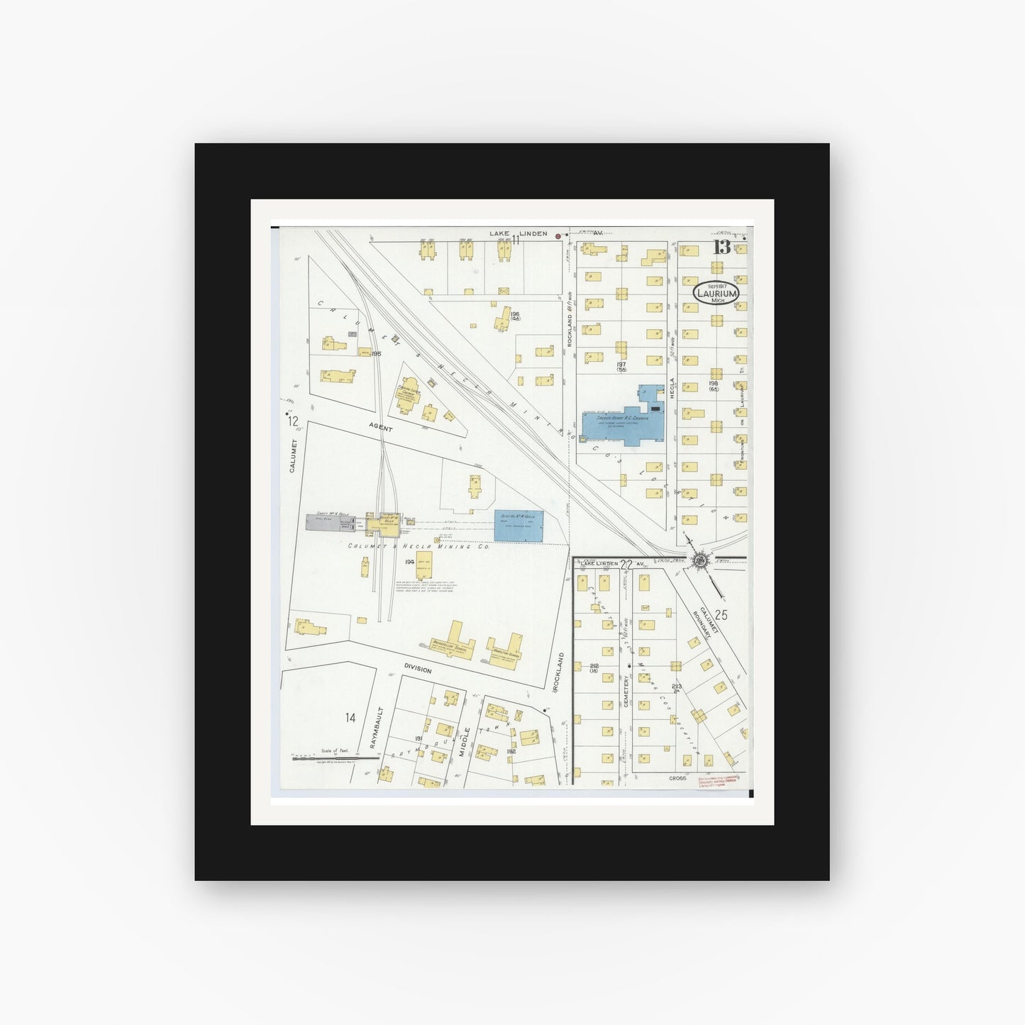 Old map wall art mockup — black gallery frame with white mat — Sanborn Fire Insurance Map from Laurium, Houghton County, Michigan (1917), Sheet #0013