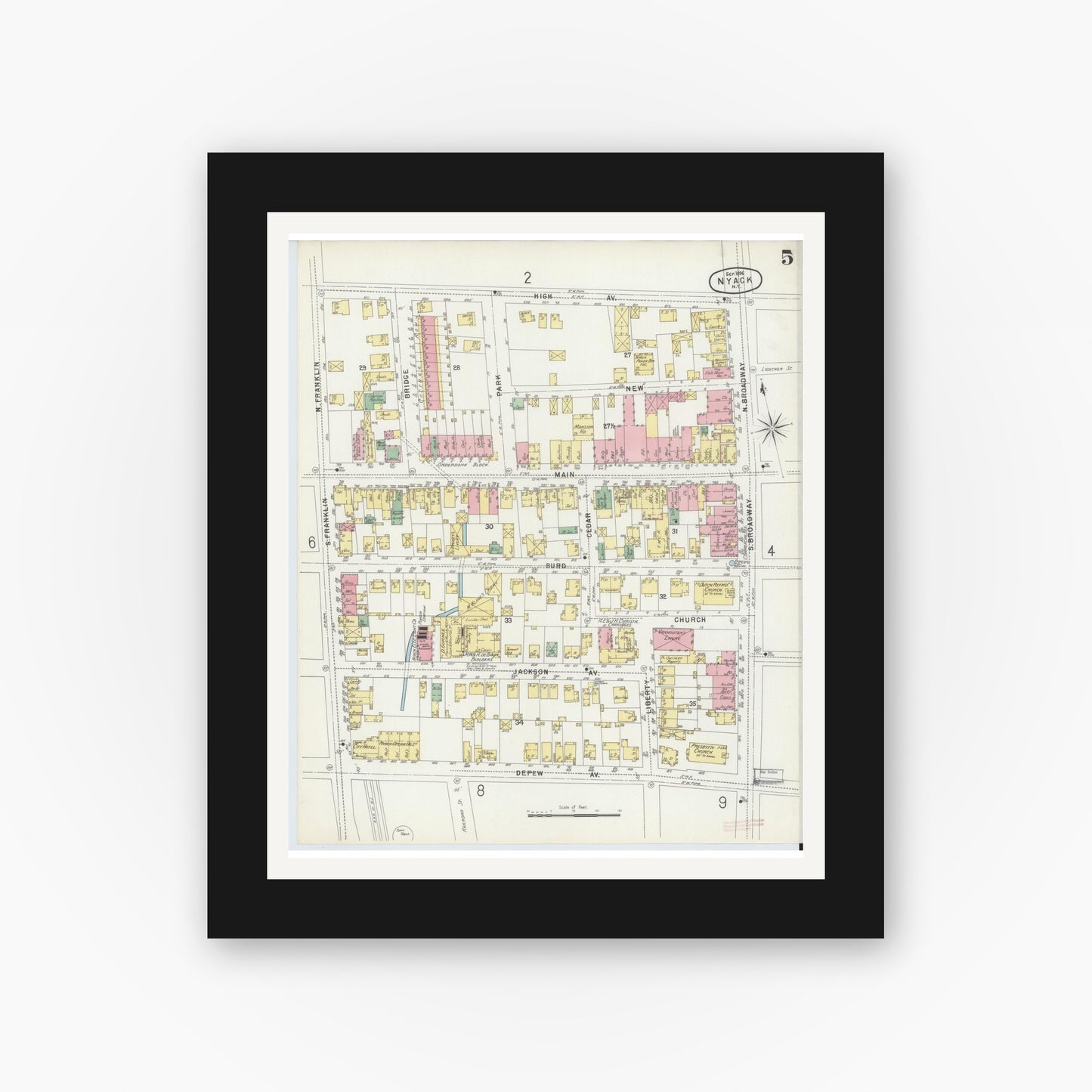 Old map wall art mockup — black gallery frame with white mat — Sanborn Fire Insurance Map from Nyack, Rockland County, New York. (1896), Sheet #0005