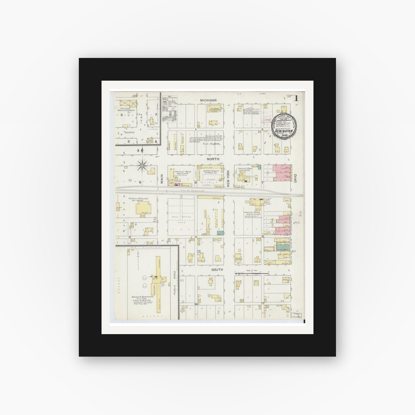 Old map wall art mockup — black gallery frame with white mat — Sanborn Fire Insurance Map from Remington, Jasper County, Indiana (1893) - Complete Map Set
