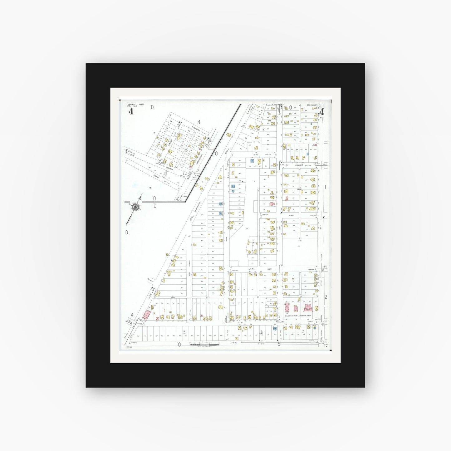 Old map wall art mockup — black gallery frame with white mat — Sanborn Fire Insurance Map from Leetonia, Columbiana County, Ohio (1950), Sheet #0004