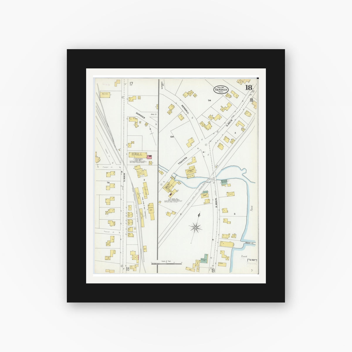 Old map wall art mockup — black gallery frame with white mat — Sanborn Fire Insurance Map from Gardner, Worcester County, Massachusetts (1905), Sheet #0018