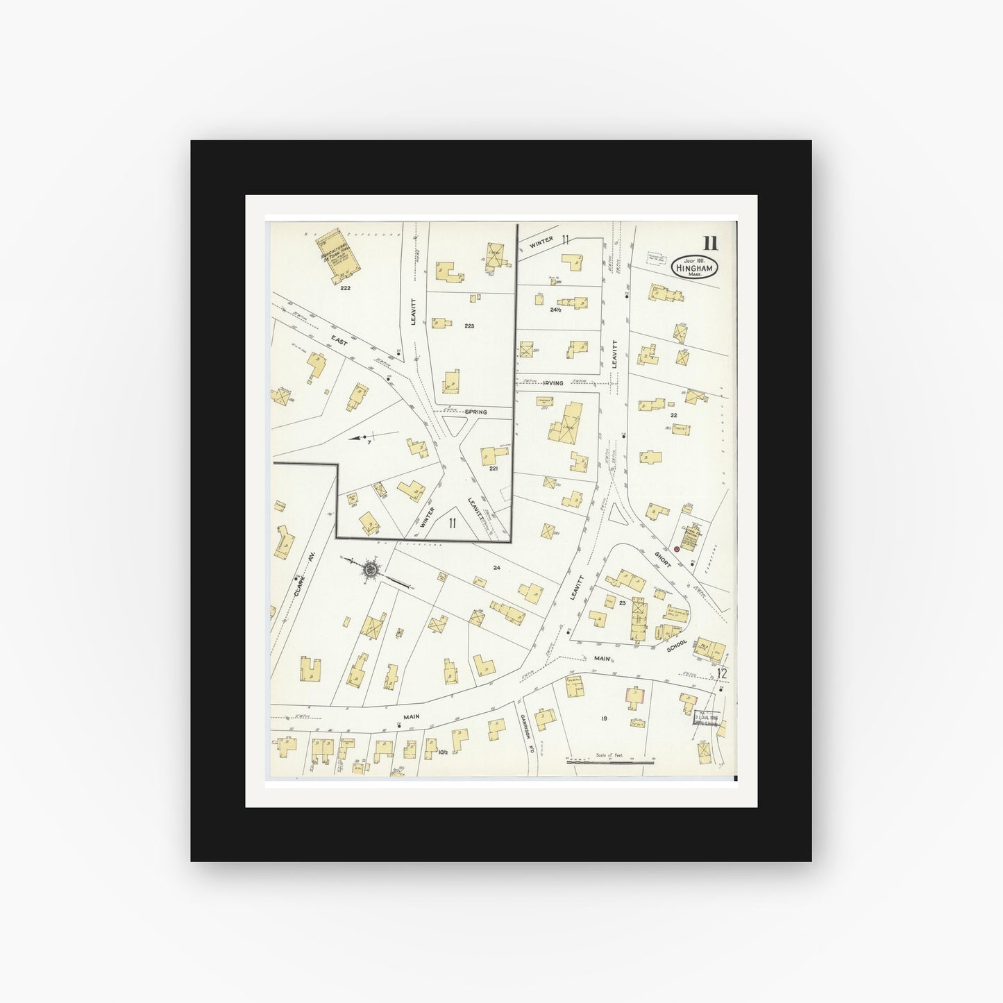 Old map wall art mockup — black gallery frame with white mat — Sanborn Fire Insurance Map from Hingham, Plymouth County, Massachusetts (1911), Sheet #0011