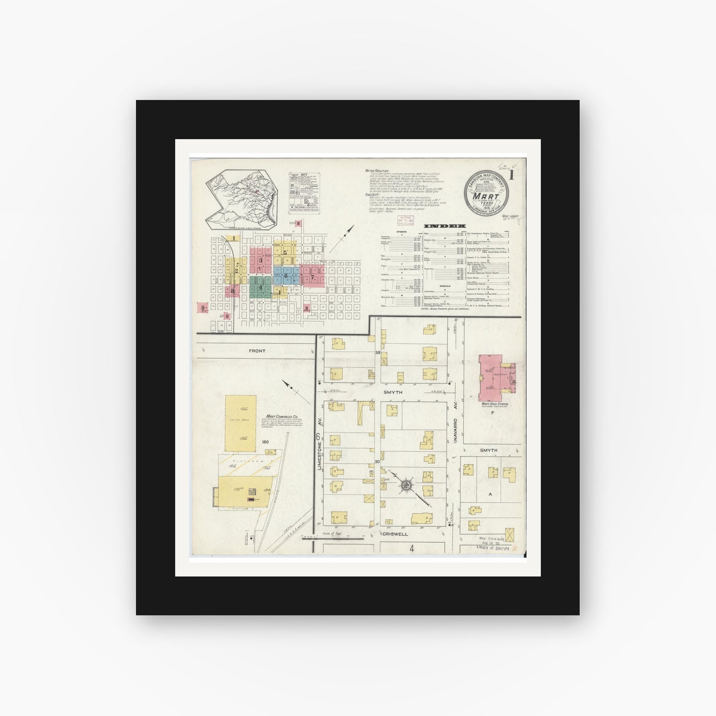 Old map wall art mockup — black gallery frame with white mat — Sanborn Fire Insurance Map from Mart, McLennan County, Texas (1915), Sheet #0001