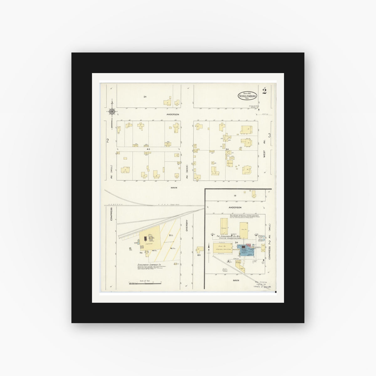 Old map wall art mockup — black gallery frame with white mat — Sanborn Fire Insurance Map from Schulenburg, Fayette County, Texas (1912), Sheet #0002