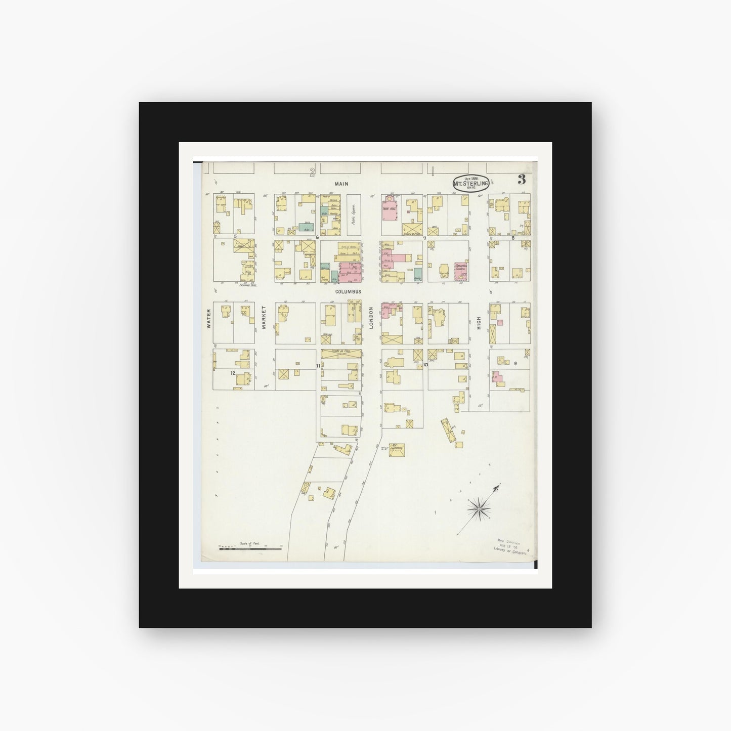 Old map wall art mockup — black gallery frame with white mat — Sanborn Fire Insurance Map from Mount Sterling, Madison County, Ohio (1895), Sheet #0003