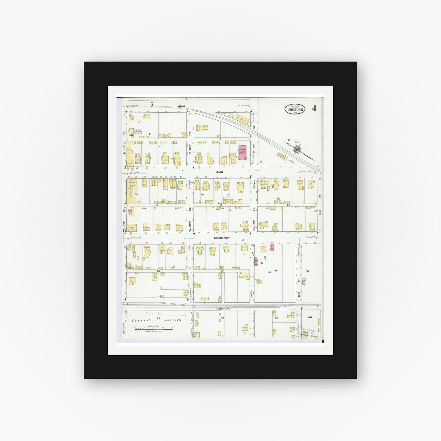 Old map wall art mockup — black gallery frame with white mat — Sanborn Fire Insurance Map from Dresden, Muskingum County, Ohio (1918), Sheet #0004
