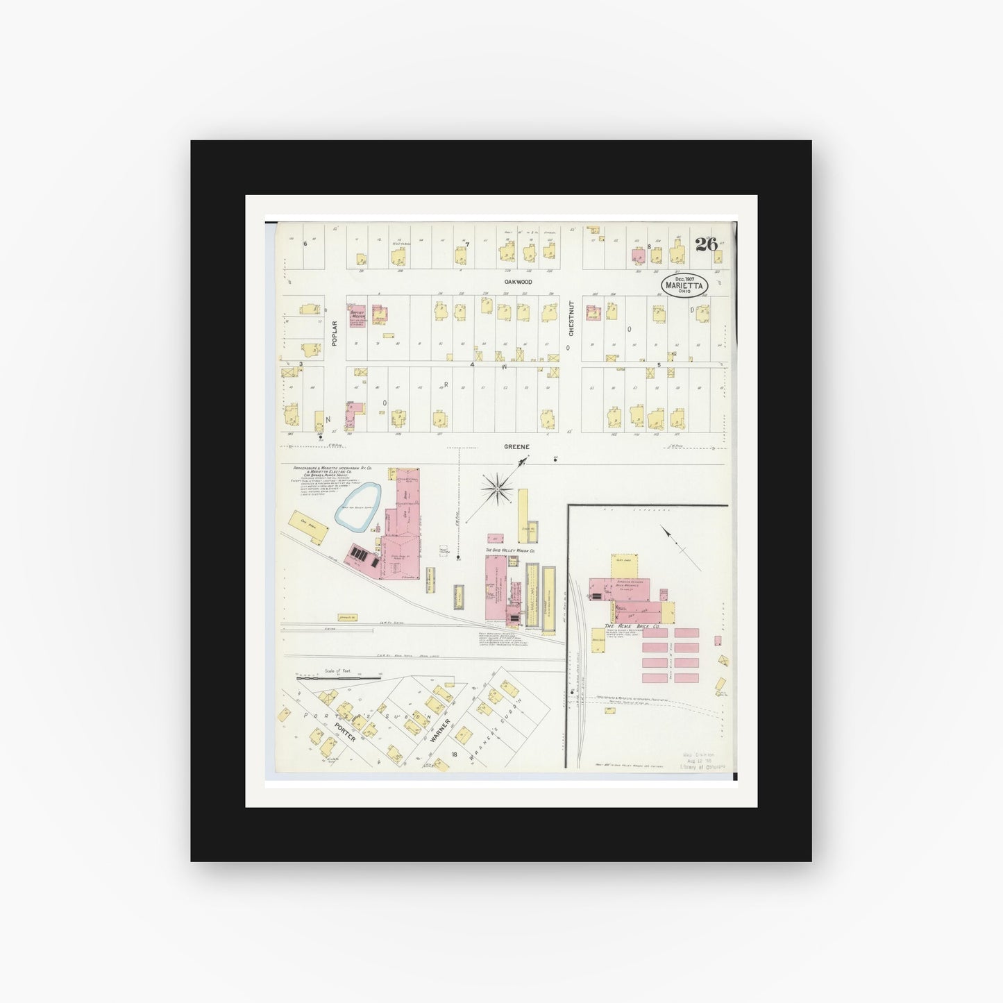 Old map wall art mockup — black gallery frame with white mat — Sanborn Fire Insurance Map from Marietta, Washington County, Ohio (1907), Sheet #0026