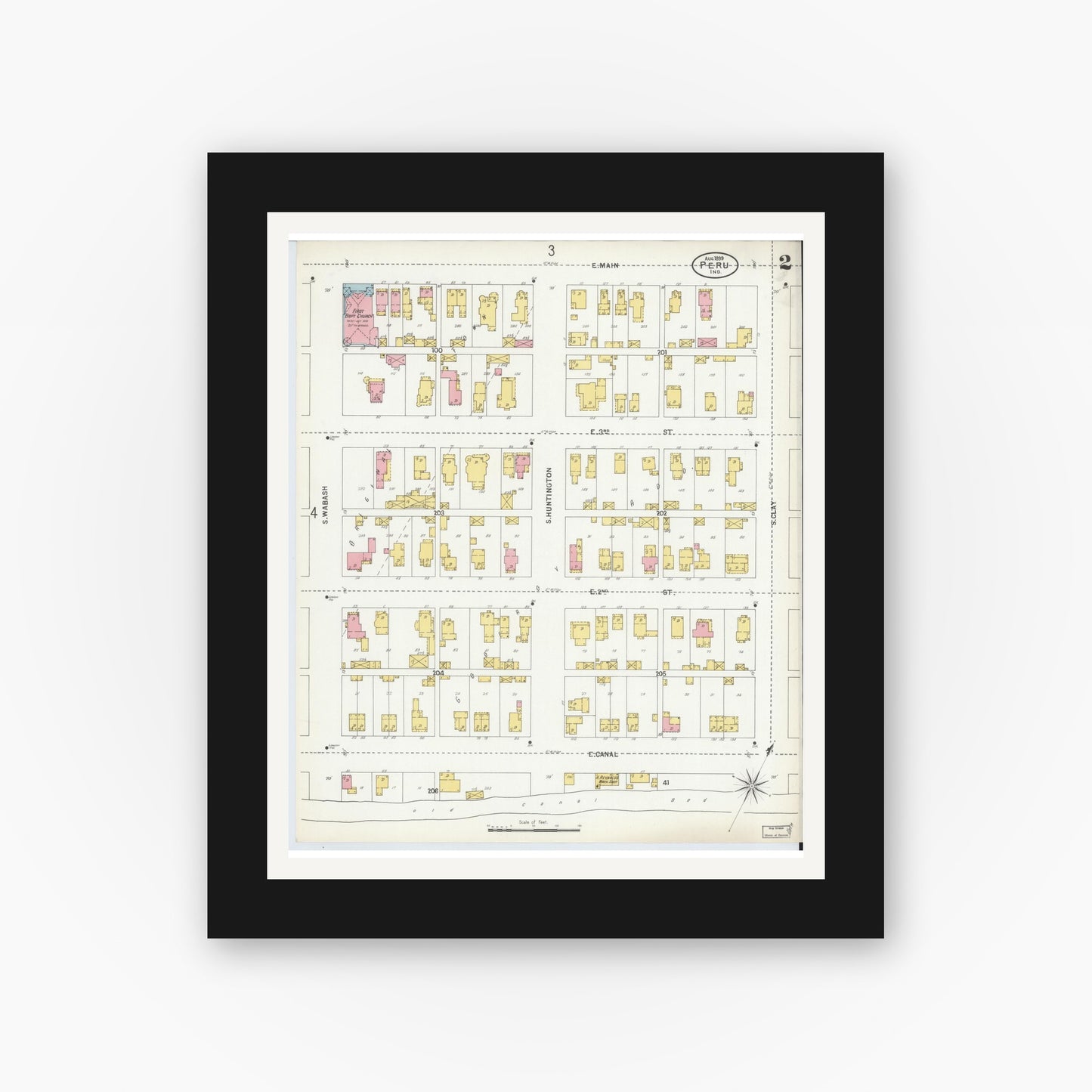 Old map wall art mockup — black gallery frame with white mat — Sanborn Fire Insurance Map from Peru, Miami County, Indiana (1899), Sheet #0002