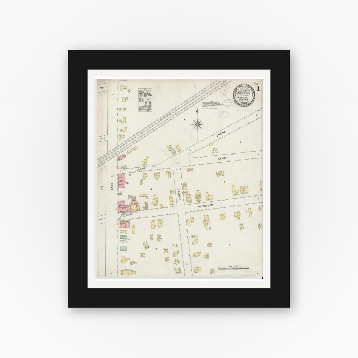 Old map wall art mockup — black gallery frame with white mat — Sanborn Fire Insurance Map from Bergen, Genesee County, New York (1898) - Complete Map Set