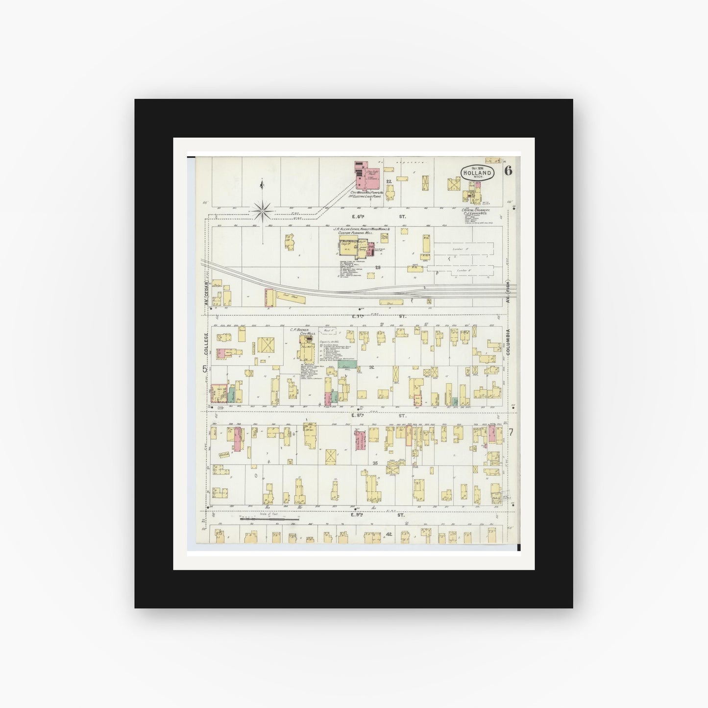 Old map wall art mockup — black gallery frame with white mat — Sanborn Fire Insurance Map from Holland, Ottawa County, Michigan (1896), Sheet #0006