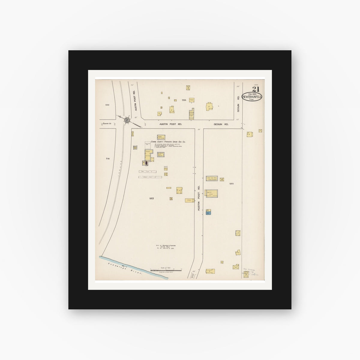 Old map wall art mockup — black gallery frame with white mat — Sanborn Fire Insurance Map from New Braunfels, Comal County, Texas (1922), Sheet #0021