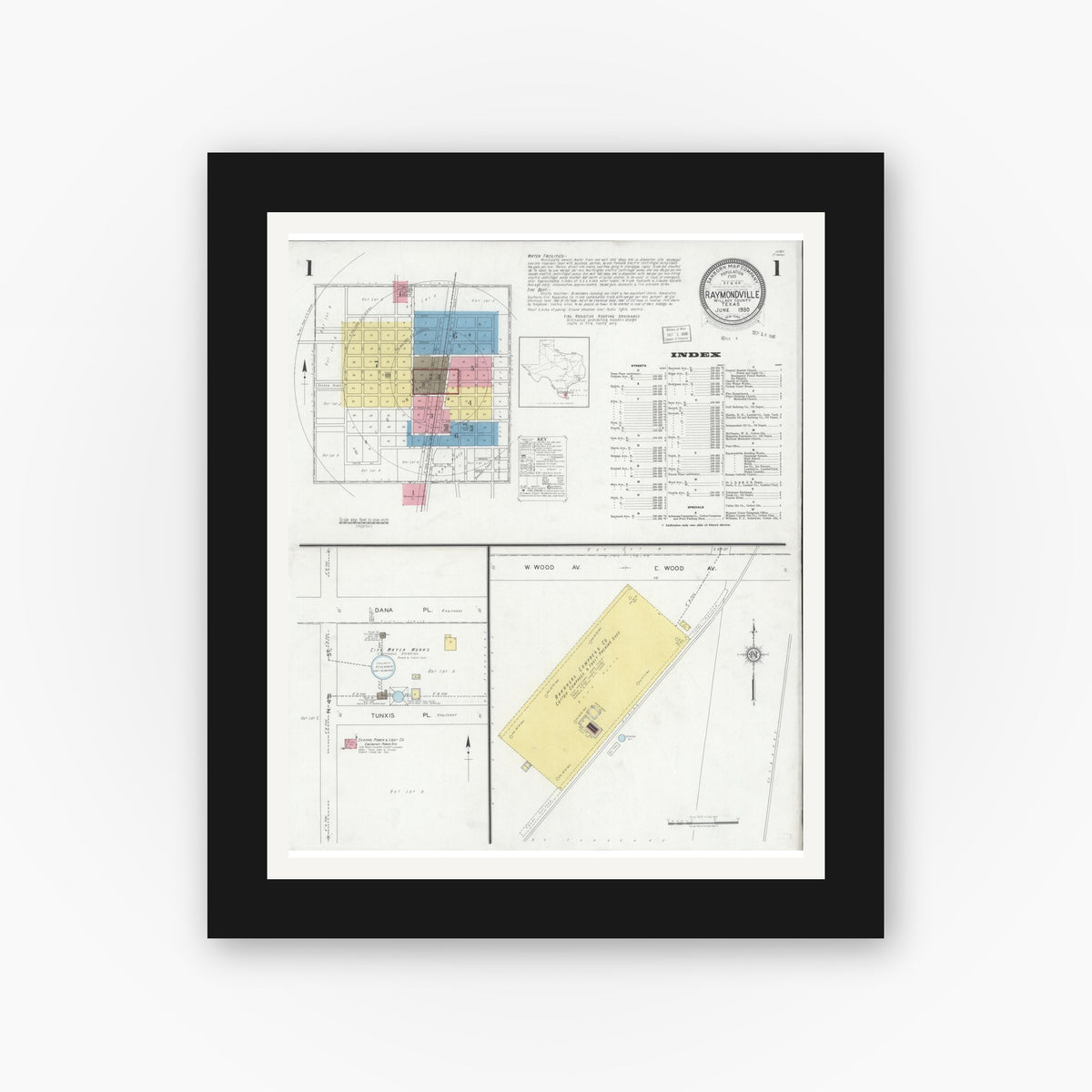 Old map wall art mockup — black gallery frame with white mat — Sanborn Fire Insurance Map from Raymondville, Willacy County, Texas (1930) - Complete Map Set