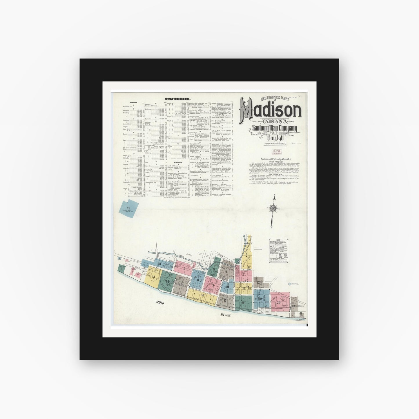 Old map wall art mockup — black gallery frame with white mat — Sanborn Fire Insurance Map from Madison, Jefferson County, Indiana (1911) - Complete Map Set