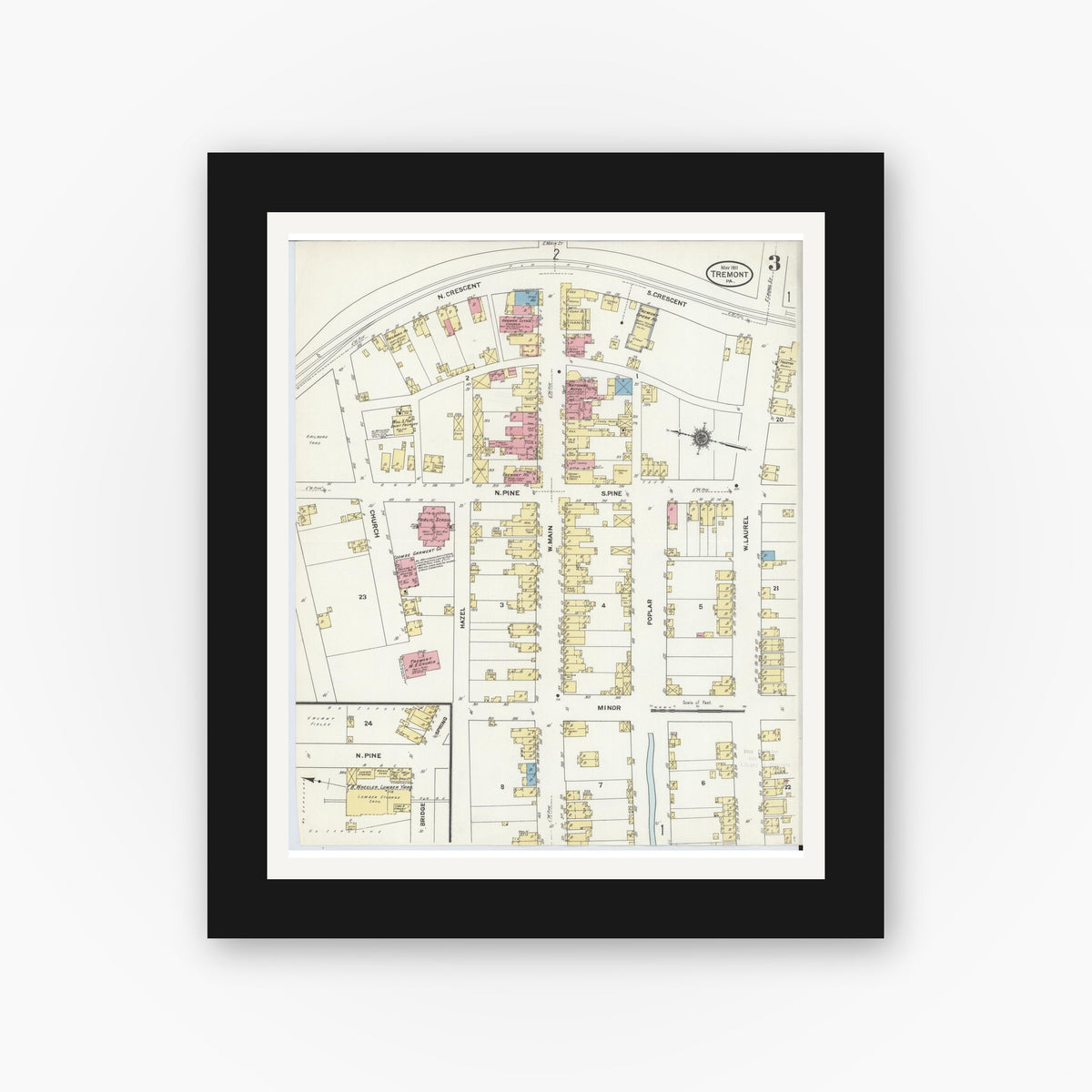 Old map wall art mockup β black gallery frame with white mat β Sanborn Fire Insurance Map from Tremont, Schuylkill County, Pennsylvania (1911), Sheet #0003