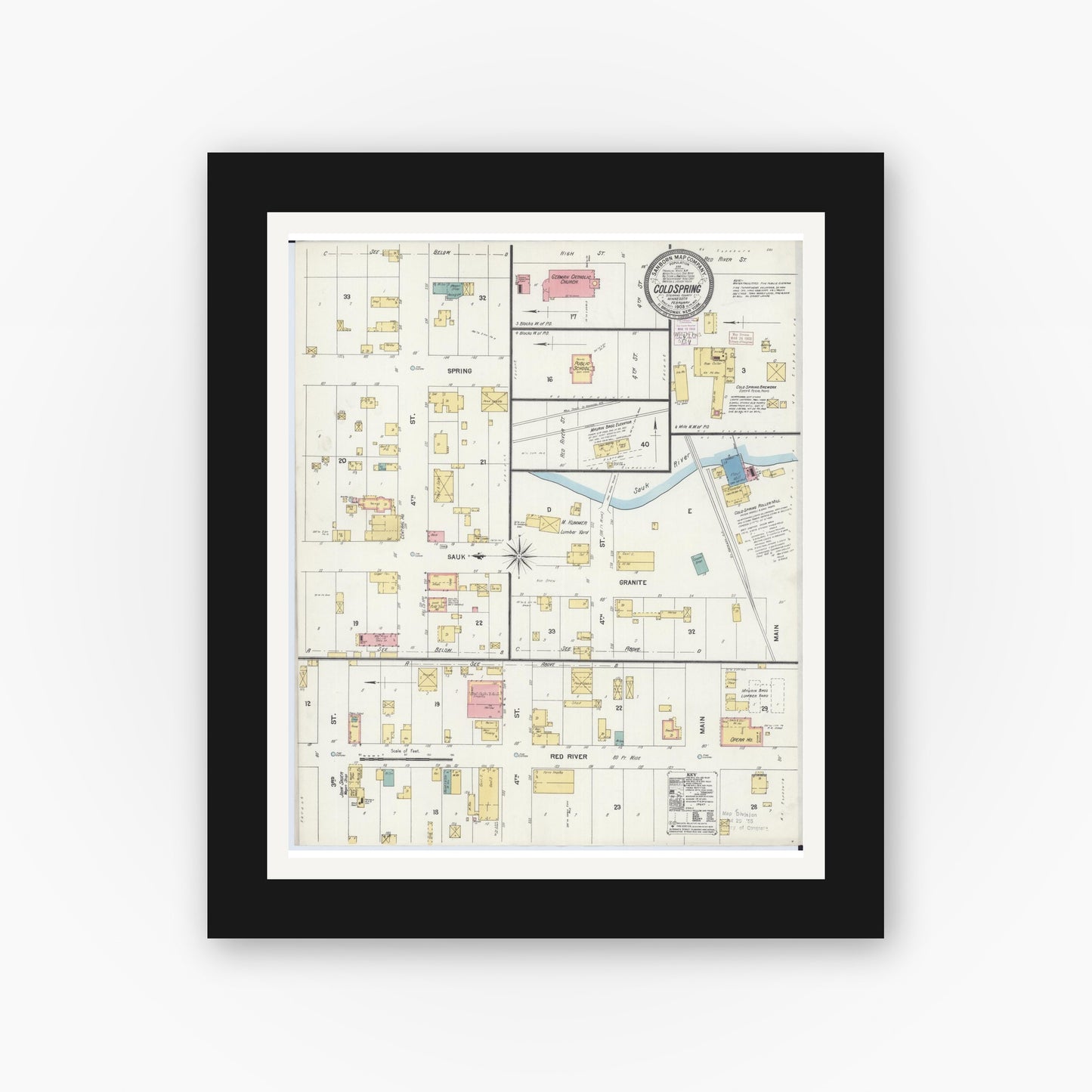 Old map wall art mockup — black gallery frame with white mat — Sanborn Fire Insurance Map from Cold Spring, Stearns County, Minnesota (1903), Sheet #0001