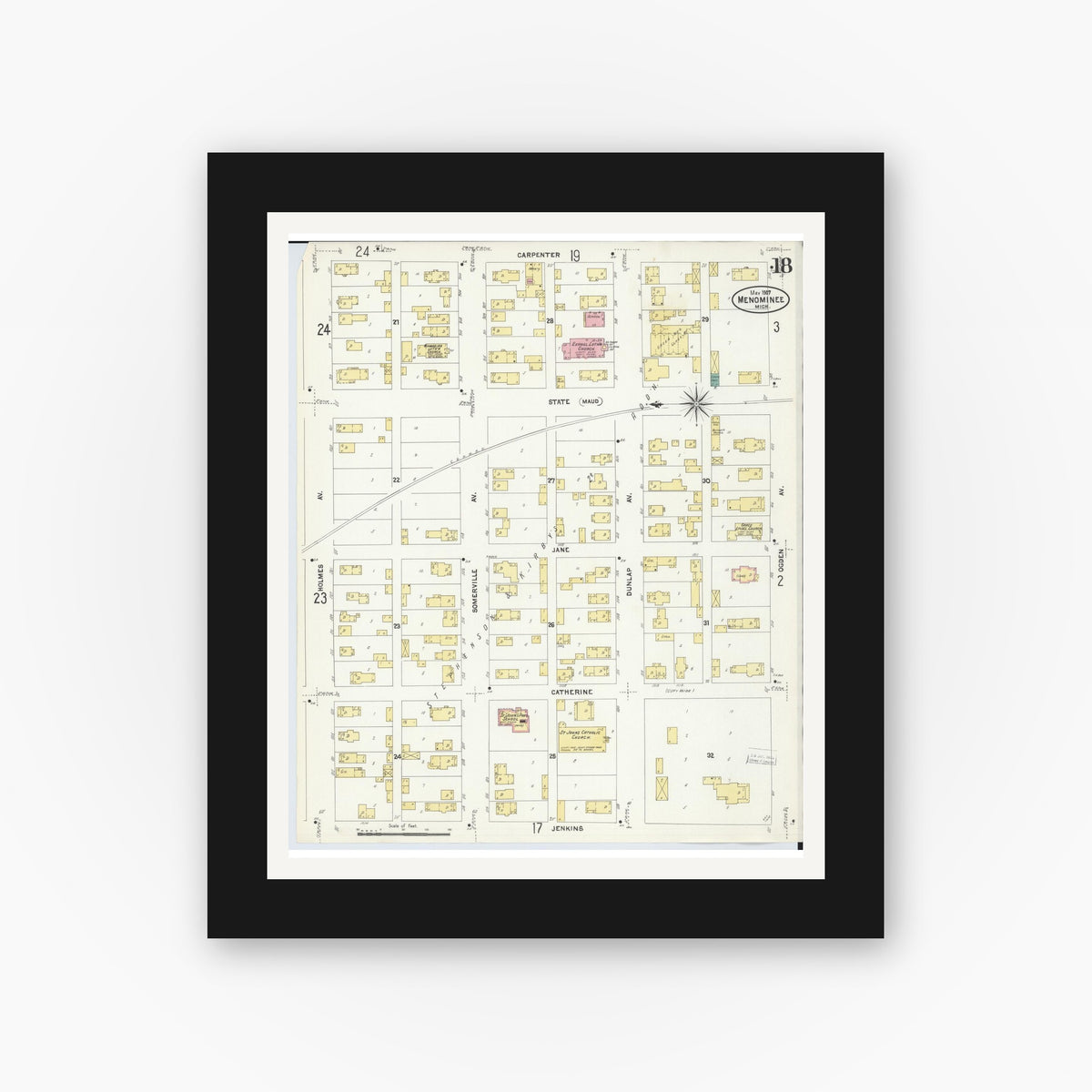 Old map wall art mockup — black gallery frame with white mat — Sanborn Fire Insurance Map from Menominee, Menominee County, Michigan (1907), Sheet #0018