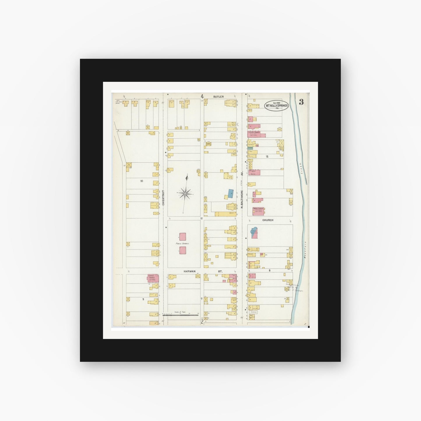 Old map wall art mockup — black gallery frame with white mat — Sanborn Fire Insurance Map from Mount Holly Springs, Cumberland County, Pennsylvania (1902), Sheet #0003