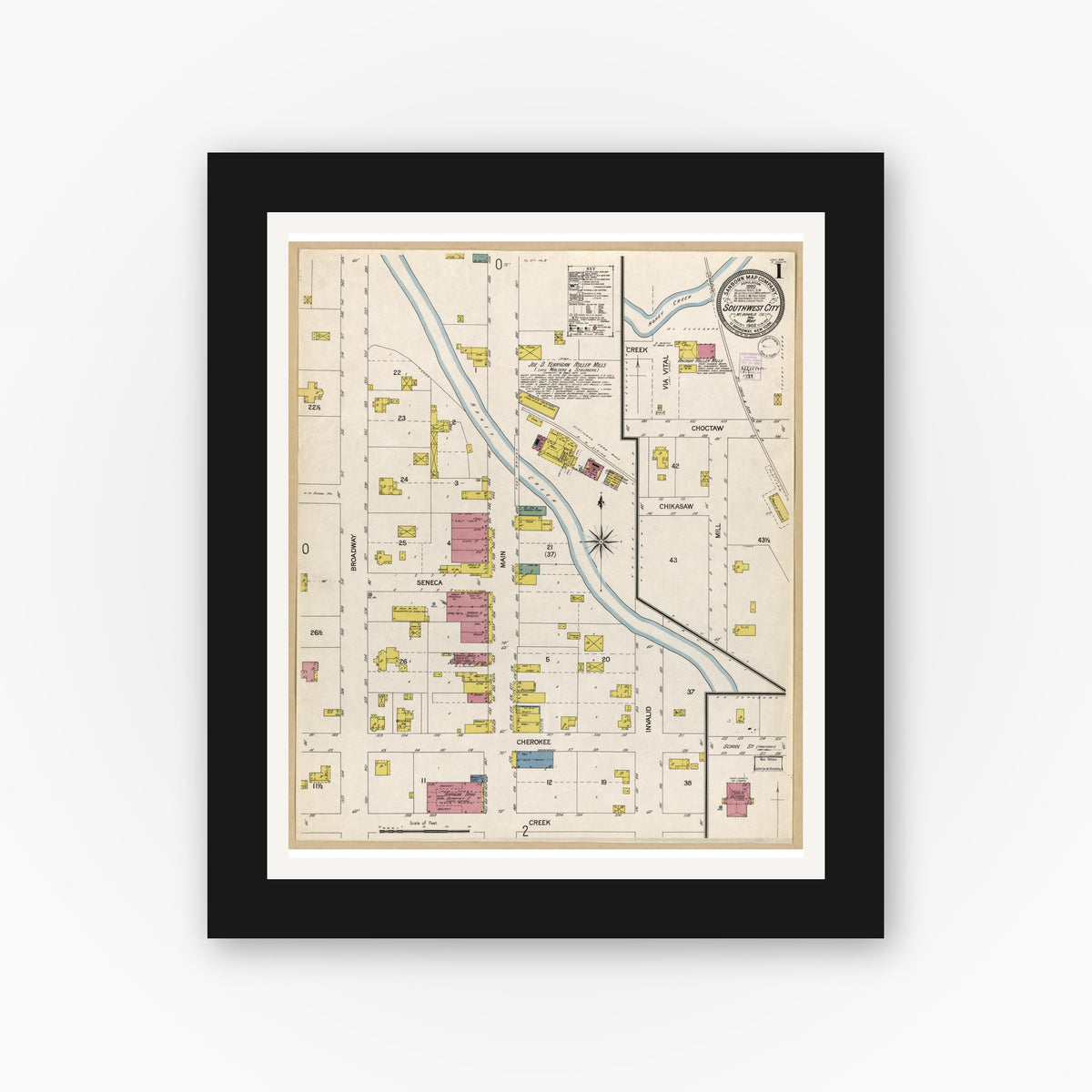 Old map wall art mockup — black gallery frame with white mat — Sanborn Fire Insurance Map from Southwest City, Mcdonald County, Missouri (1902), Sheet #0001