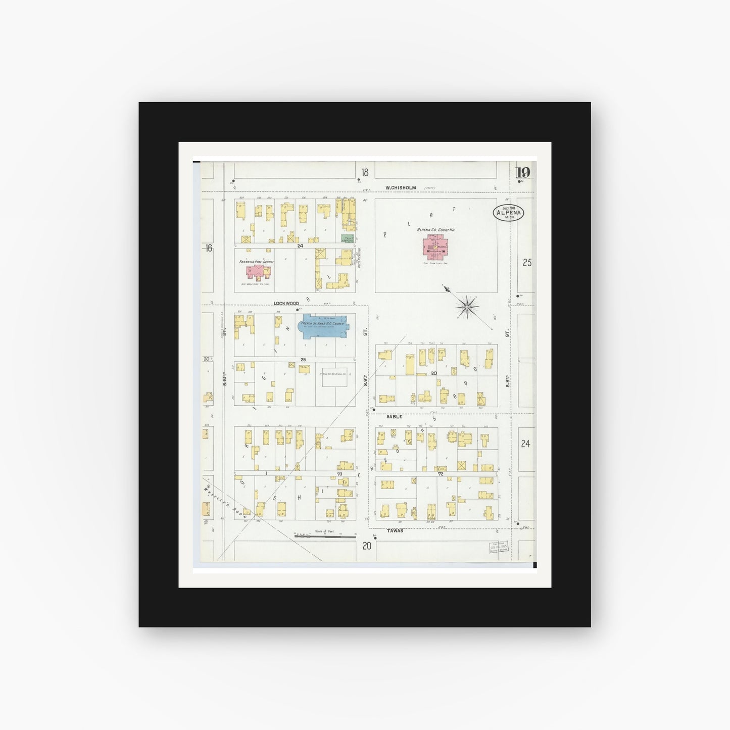 Old map wall art mockup — black gallery frame with white mat — Sanborn Fire Insurance Map from Alpena, Alpena County, Michigan (1901), Sheet #0019