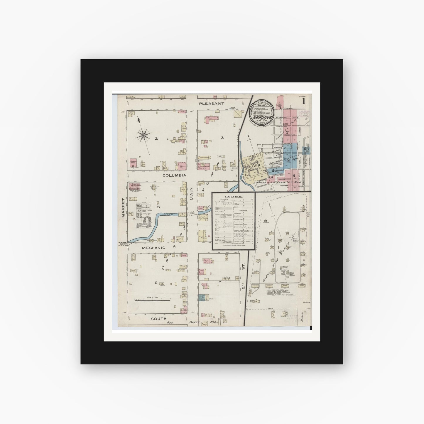 Old map wall art mockup — black gallery frame with white mat — Sanborn Fire Insurance Map from Reading, Hamilton County, Ohio (1886) - Complete Map Set