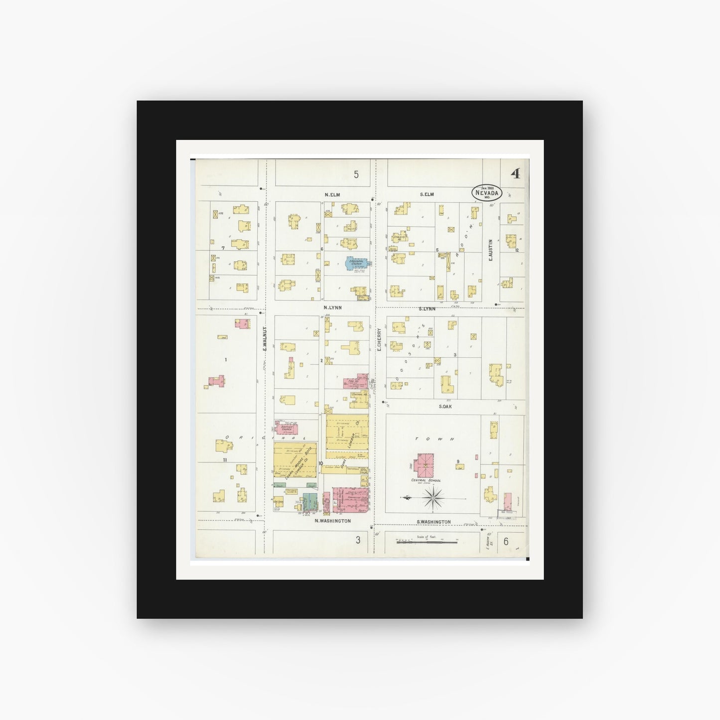 Old map wall art mockup — black gallery frame with white mat — Sanborn Fire Insurance Map from Nevada, Vernon County, Missouri (1900), Sheet #0004