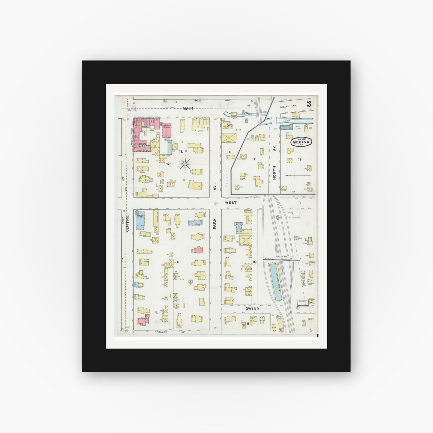Old map wall art mockup — black gallery frame with white mat — Sanborn Fire Insurance Map from Medina, Orleans County, New York (1892), Sheet #0003