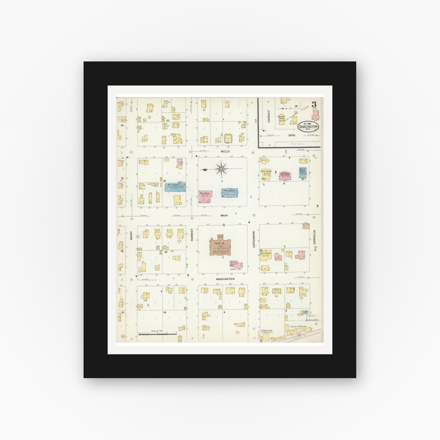 Old map wall art mockup — black gallery frame with white mat — Sanborn Fire Insurance Map from Darlington, Lafayette County, Wisconsin (1908), Sheet #0003