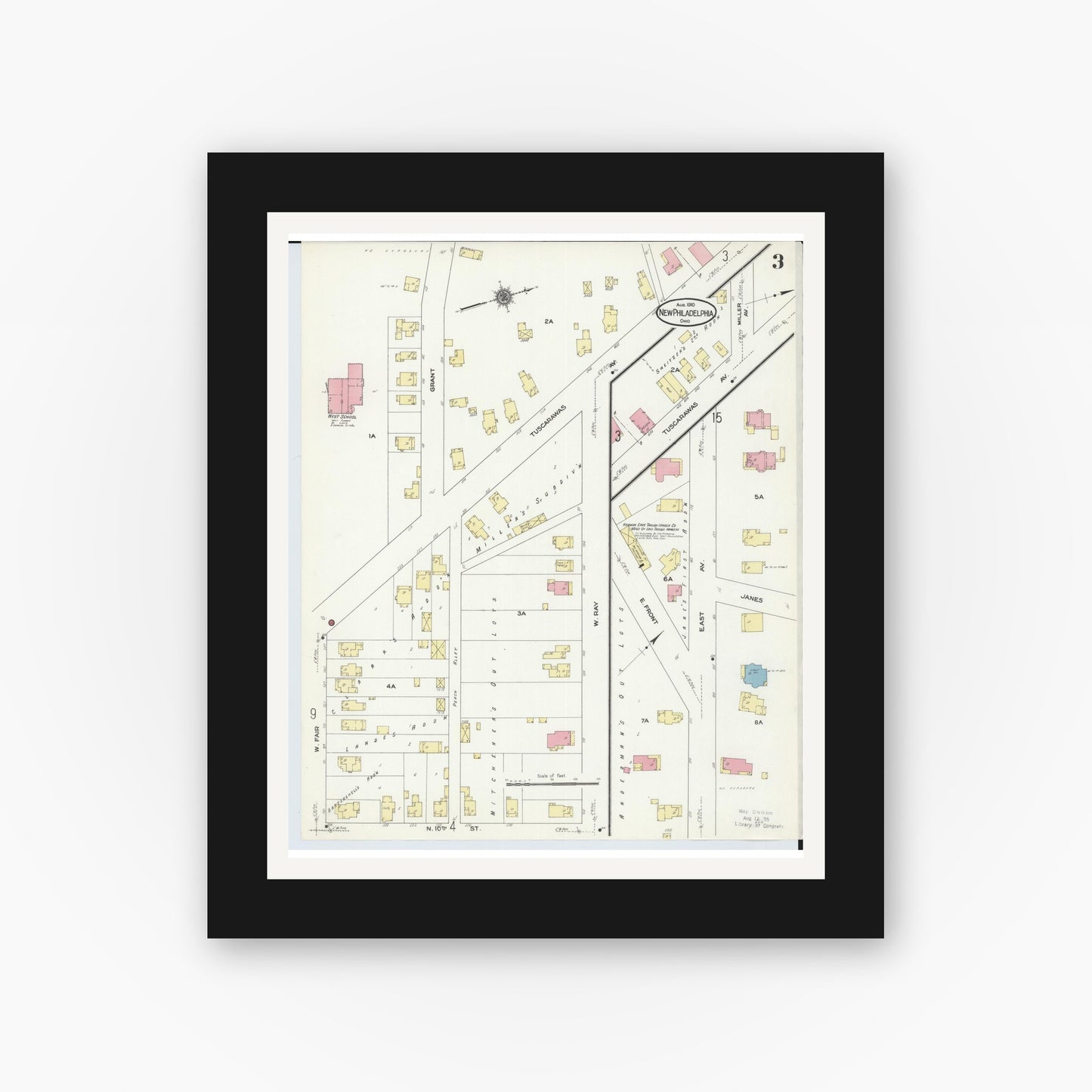 Old map wall art mockup — black gallery frame with white mat — Sanborn Fire Insurance Map from New Philadelphia, Tuscarawas County, Ohio (1910), Sheet #0003