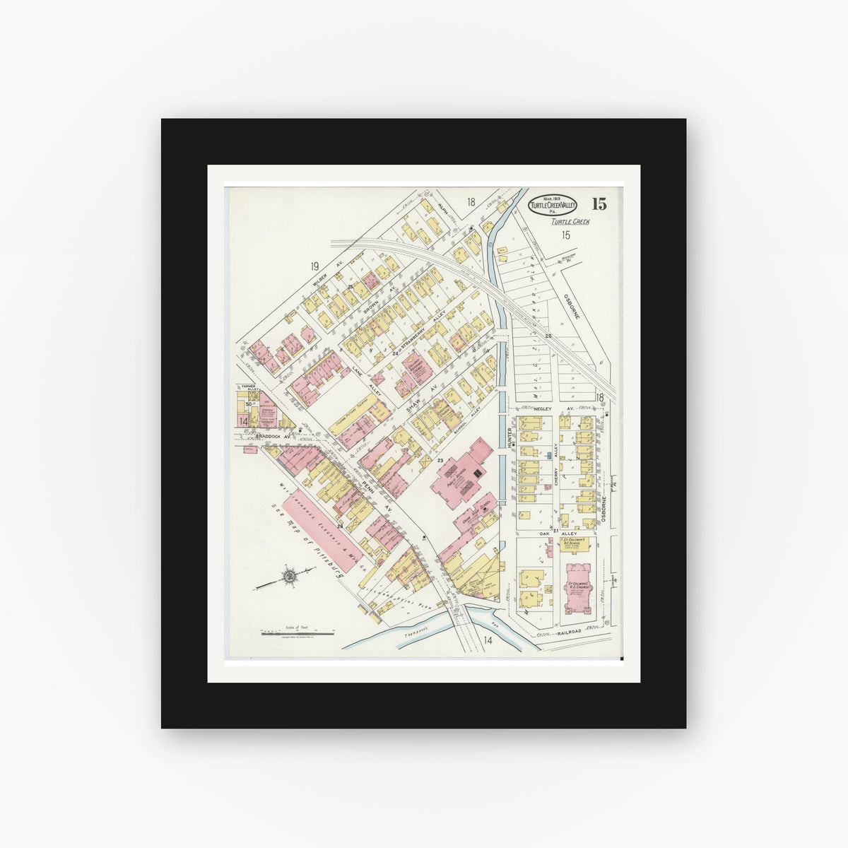 Old map wall art mockup — black gallery frame with white mat — Sanborn Fire Insurance Map from Turtle Creek Valley, Allegheny County, Pennsylvania (1919), Sheet #0015