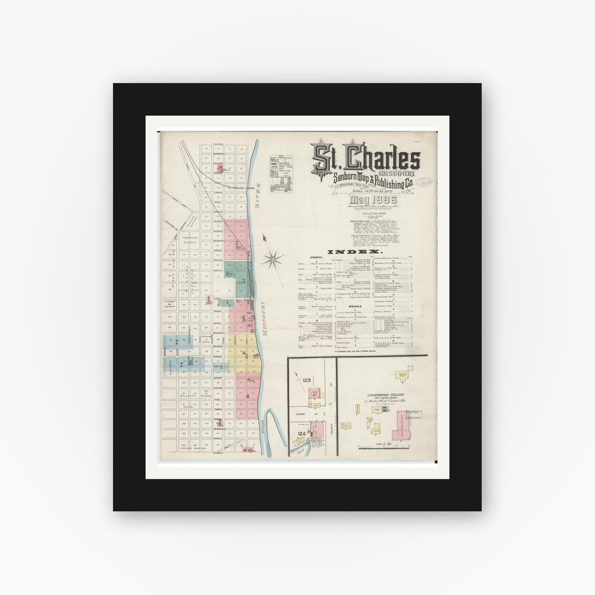 Old map wall art mockup — black gallery frame with white mat — Sanborn Fire Insurance Map from Saint Charles, Saint Charles County, Missouri (1886) - Complete Map Set
