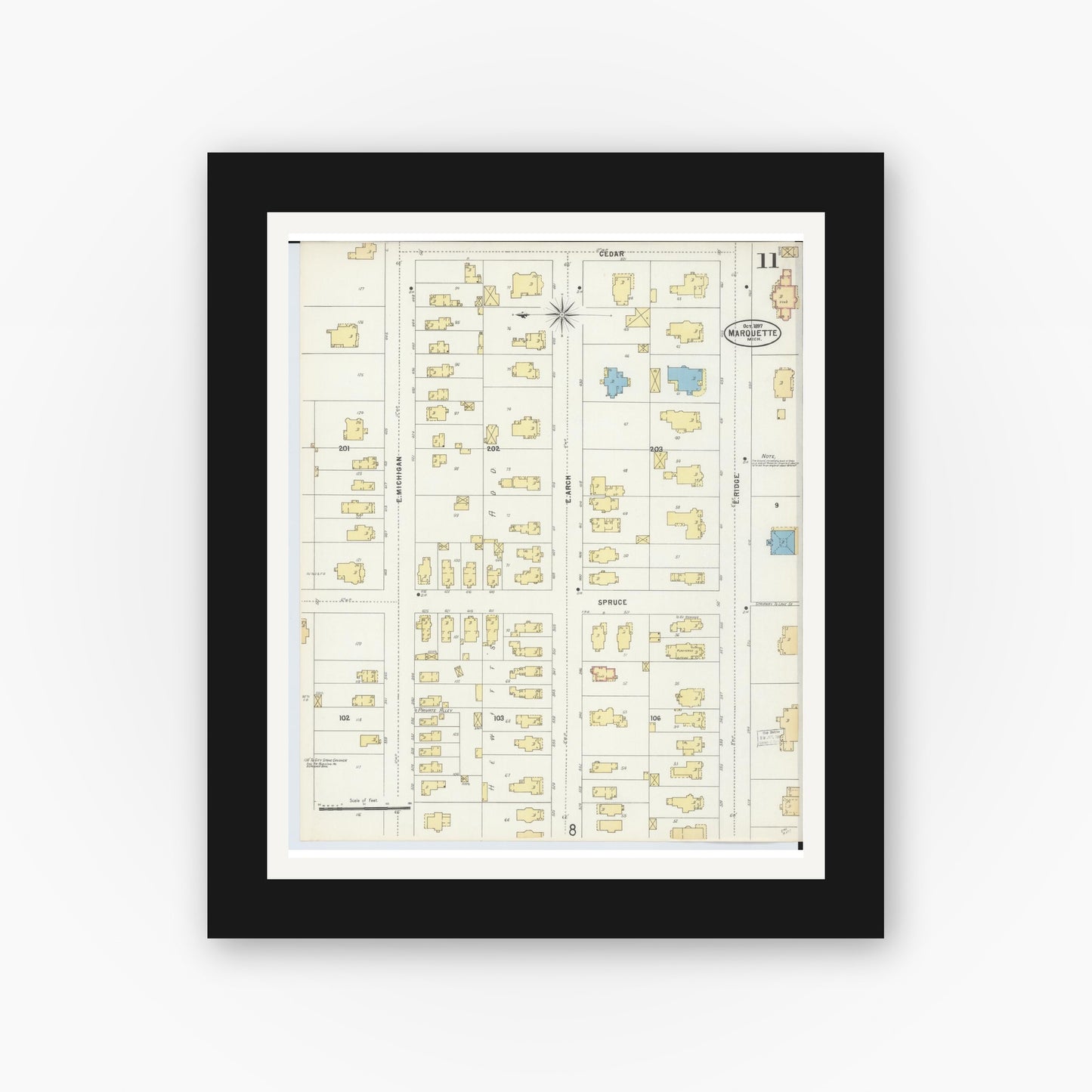 Old map wall art mockup — black gallery frame with white mat — Sanborn Fire Insurance Map from Marquette, Marquette County, Michigan (1897), Sheet #0011