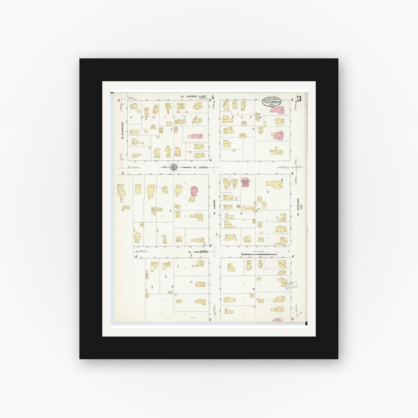 Old map wall art mockup — black gallery frame with white mat — Sanborn Fire Insurance Map from Tecumseh, Lenawee County, Michigan (1912), Sheet #0003