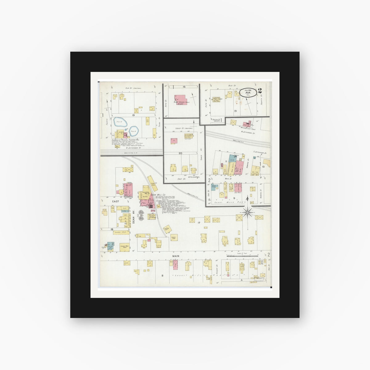 Old map wall art mockup — black gallery frame with white mat — Sanborn Fire Insurance Map from Ava, Jackson County, Illinois (1902), Sheet #0002