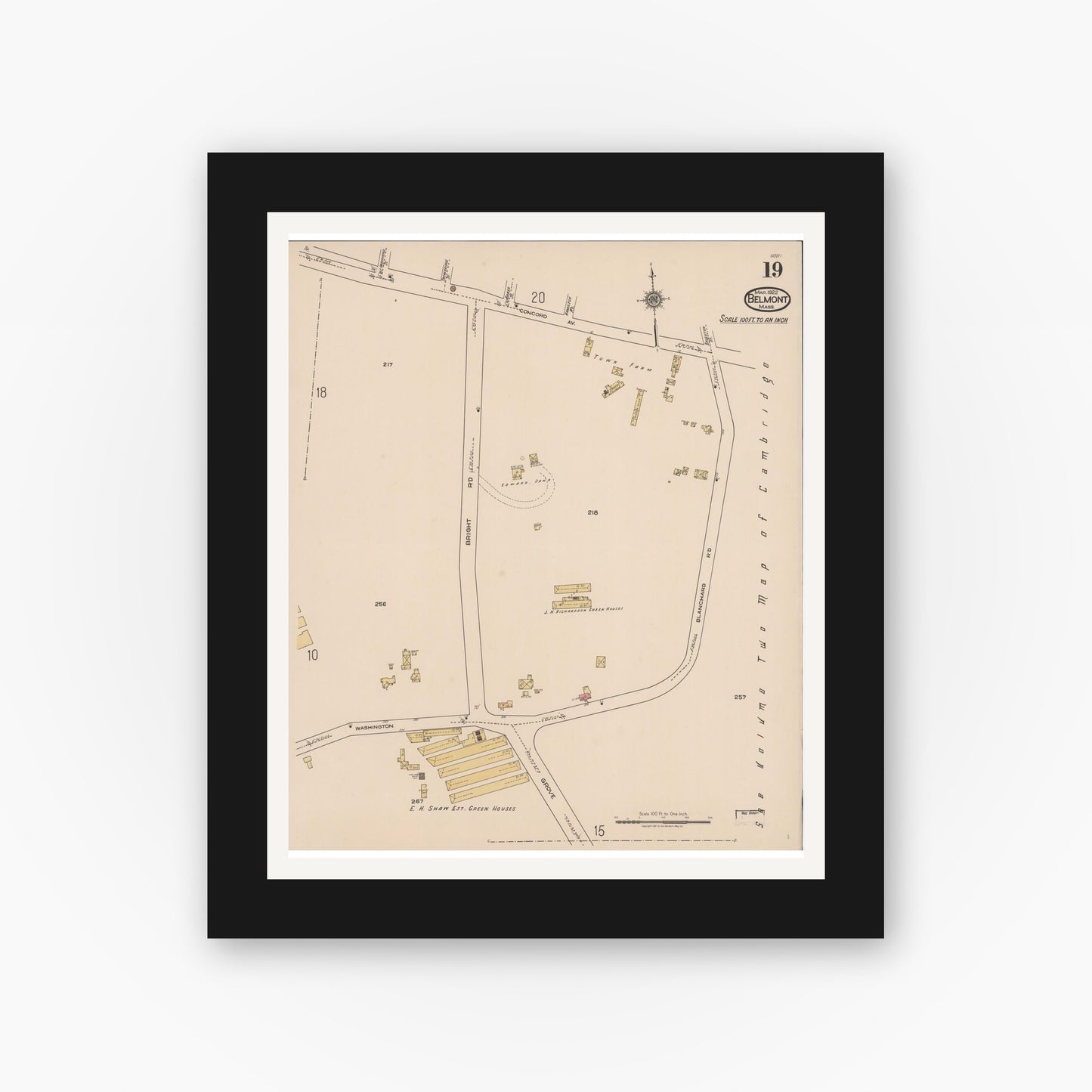 Old map wall art mockup — black gallery frame with white mat — Sanborn Fire Insurance Map from Belmont, Middlesex County, Massachusetts (1922), Sheet #0019