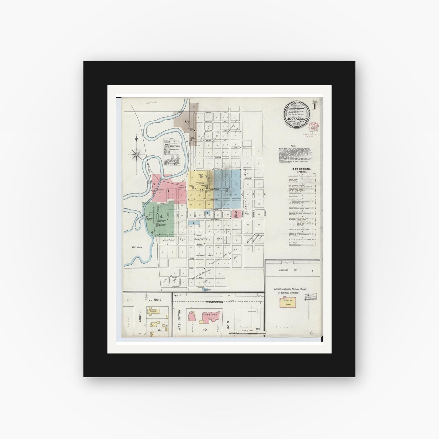 Old map wall art mockup — black gallery frame with white mat — Sanborn Fire Insurance Map from Mount Pleasant, Isabella County, Michigan (1895) - Complete Map Set
