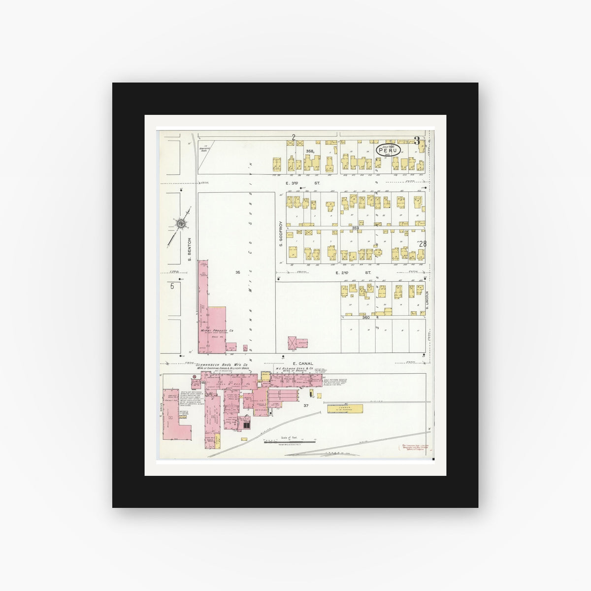 Old map wall art mockup — black gallery frame with white mat — Sanborn Fire Insurance Map from Peru, Miami County, Indiana (1920), Sheet #0003