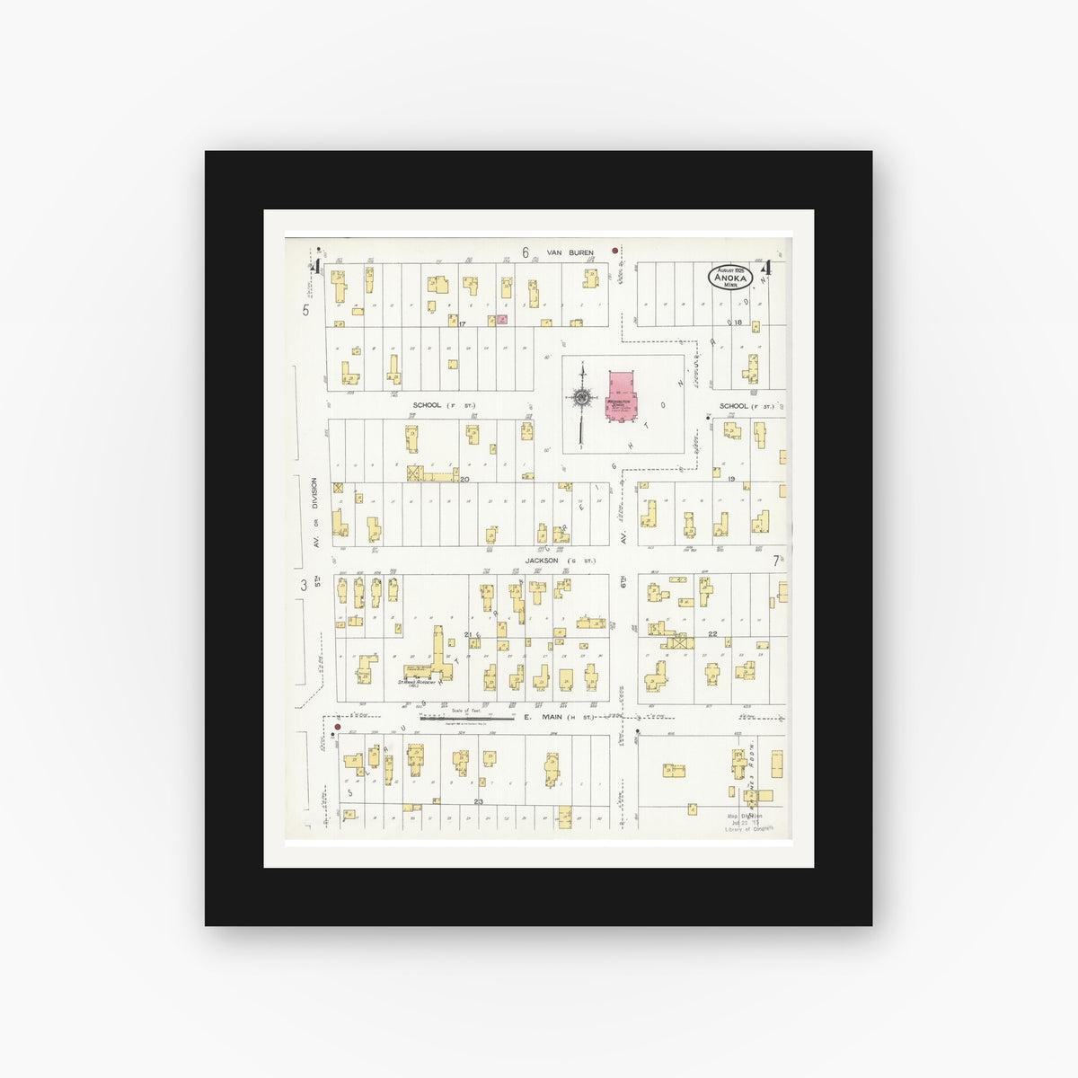 Old map wall art mockup — black gallery frame with white mat — Sanborn Fire Insurance Map from Anoka, Anoka County, Minnesota (1925), Sheet #0004