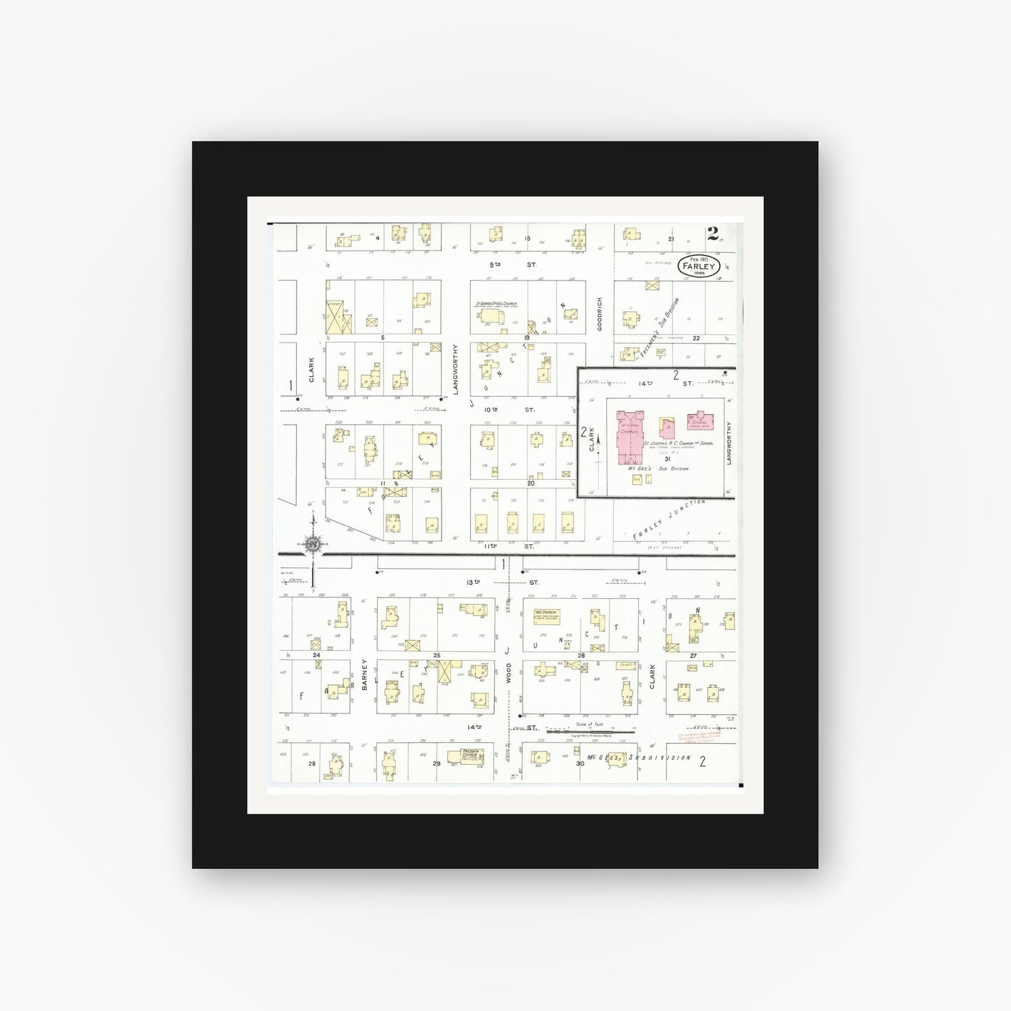 Old map wall art mockup — black gallery frame with white mat — Sanborn Fire Insurance Map from Farley, Dubuque County, Iowa (1921), Sheet #0002