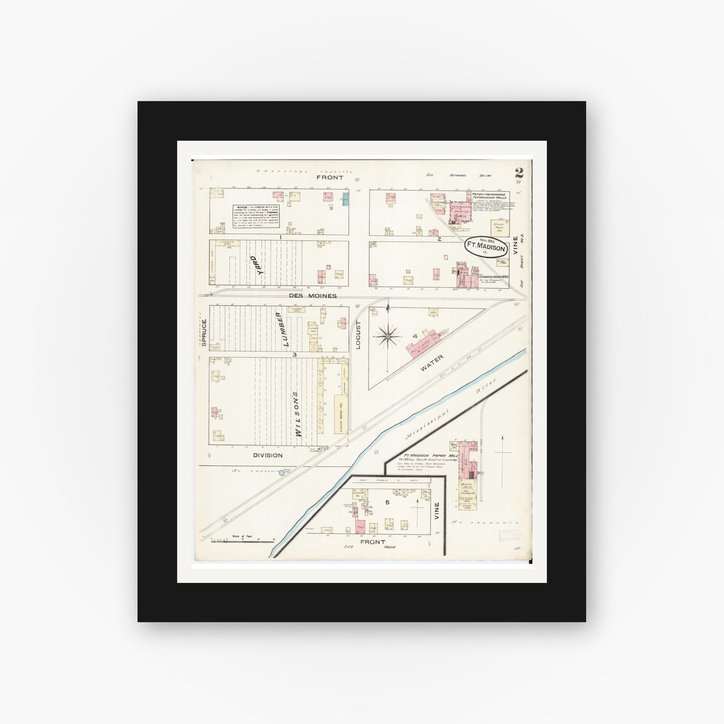Old map wall art mockup — black gallery frame with white mat — Sanborn Fire Insurance Map from Fort Madison, Lee County, Iowa (1884), Sheet #0002