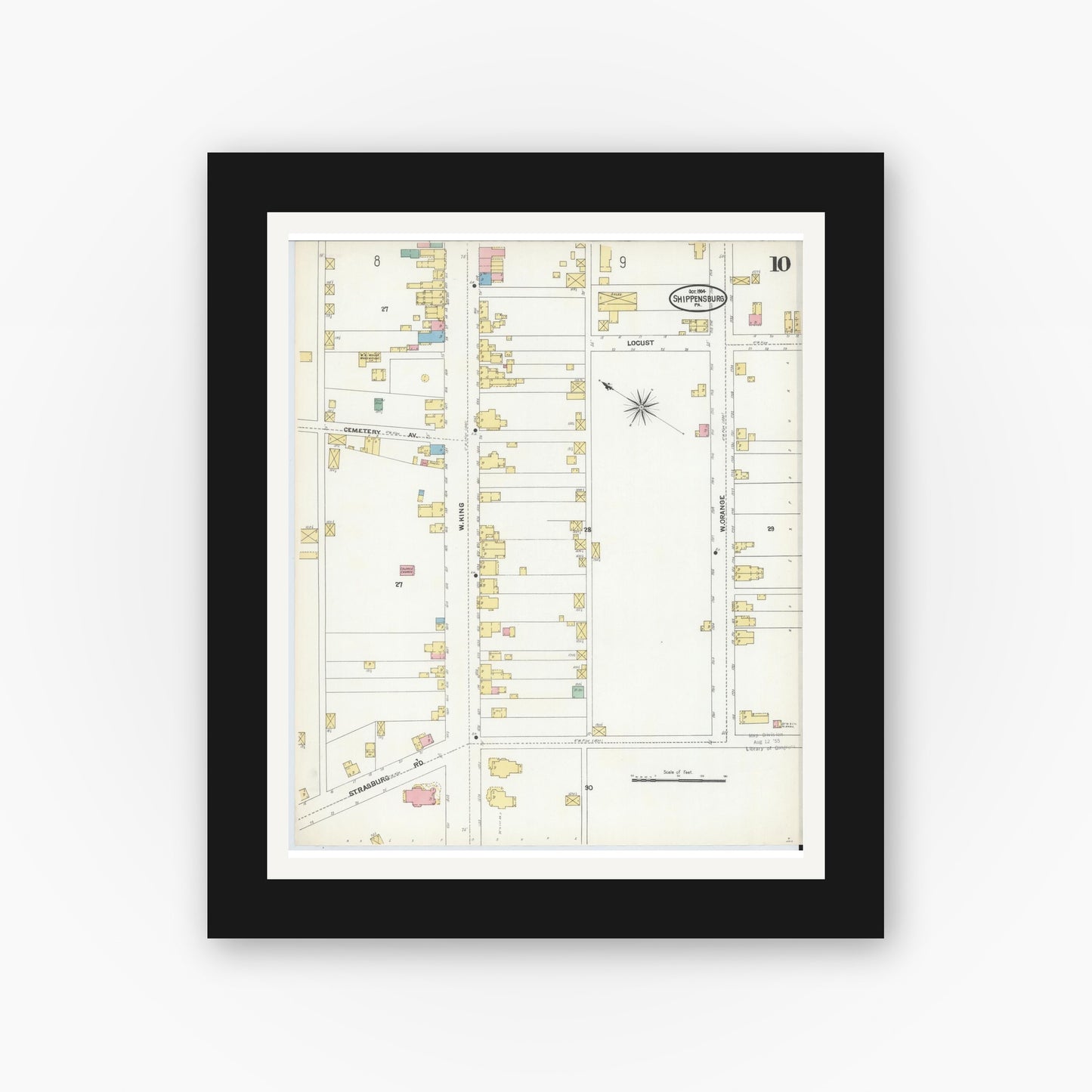 Old map wall art mockup — black gallery frame with white mat — Sanborn Fire Insurance Map from Shippensburg, Cumberland And Franklin Counties, Pennsylvania (1904), Sheet #0010