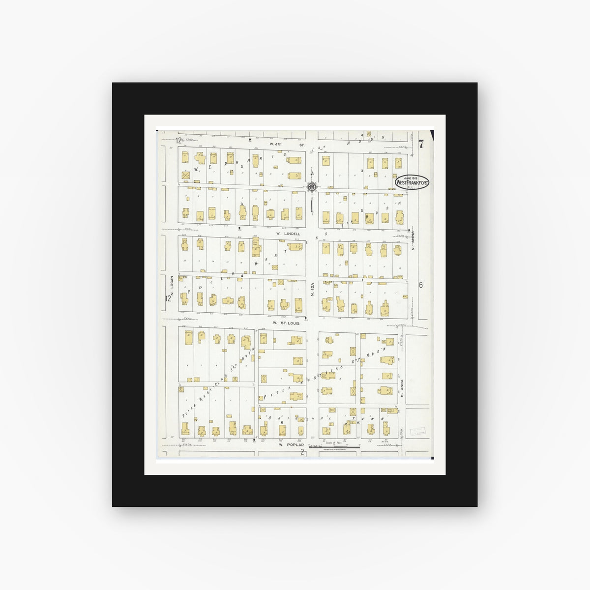 Old map wall art mockup — black gallery frame with white mat — Sanborn Fire Insurance Map from West Frankfort, Franklin County, Illinois (1919), Sheet #0007
