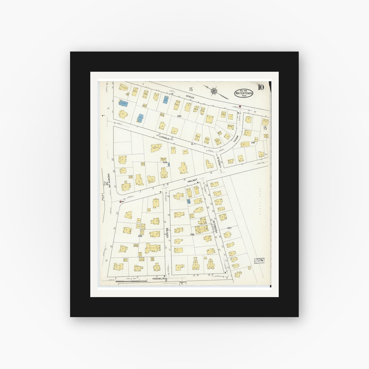 Old map wall art mockup — black gallery frame with white mat — Sanborn Fire Insurance Map from Watertown, Middlesex County, Massachusetts (1916), Sheet #0010