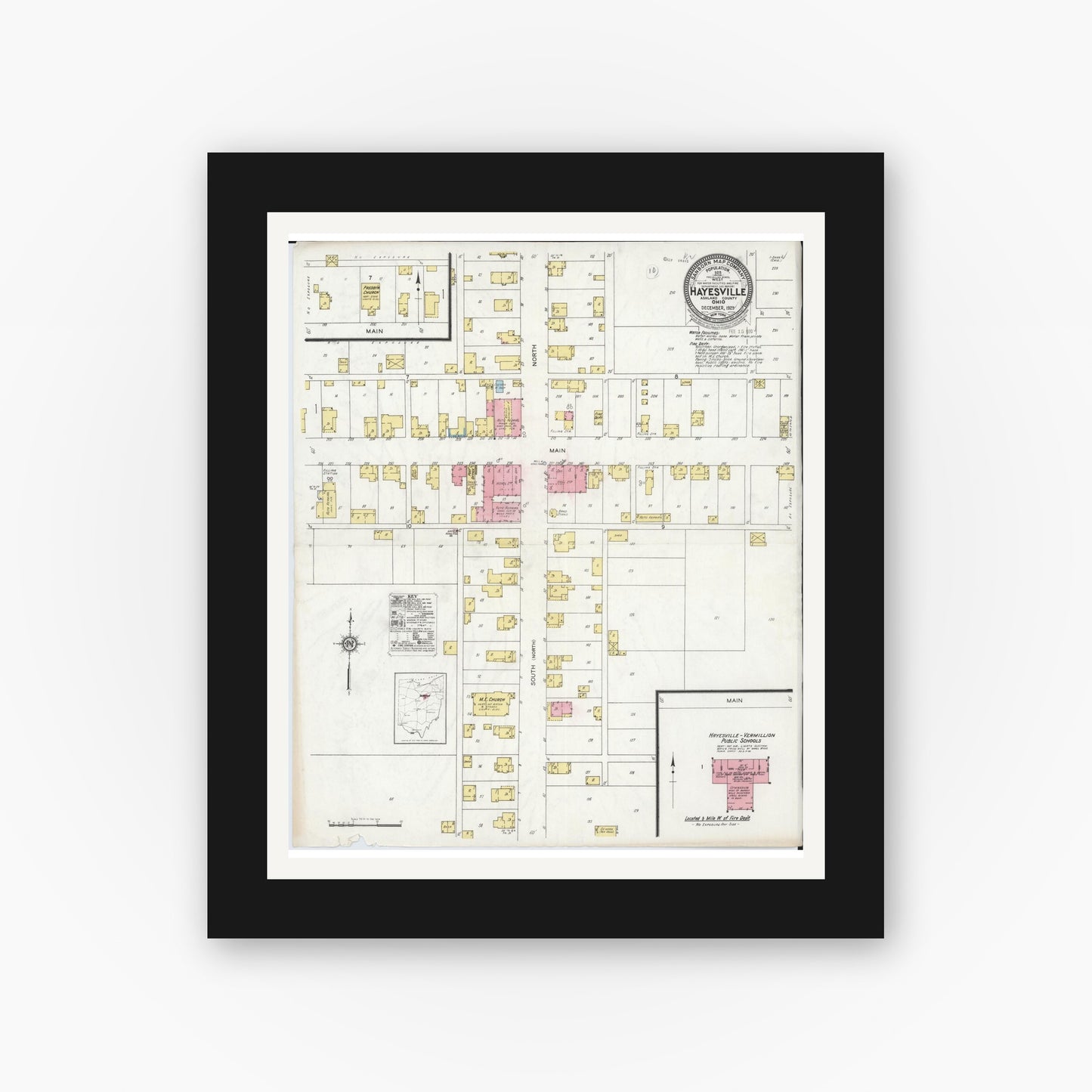 Old map wall art mockup — black gallery frame with white mat — Sanborn Fire Insurance Map from Hayesville, Ashland County, Ohio (1929), Sheet #0001