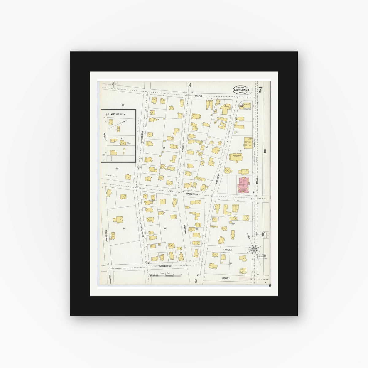 Old map wall art mockup — black gallery frame with white mat — Sanborn Fire Insurance Map from Stoneham, Middlesex County, Massachusetts (1903), Sheet #0007