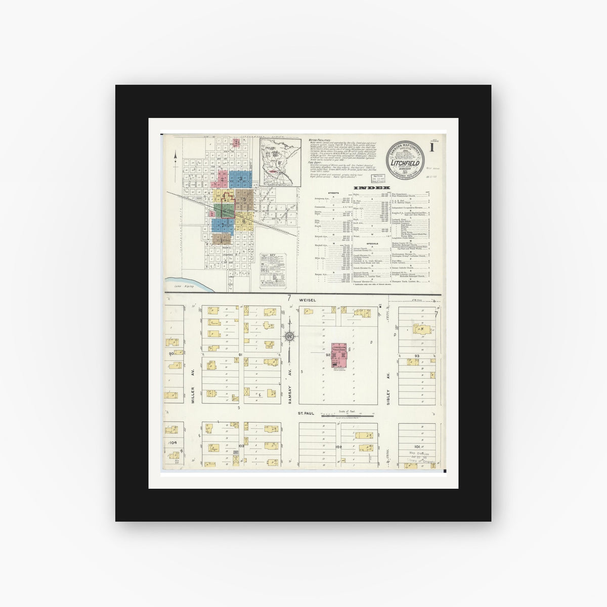 Old map wall art mockup — black gallery frame with white mat — Sanborn Fire Insurance Map from Litchfield, Meeker County, Minnesota (1917), Sheet #0001