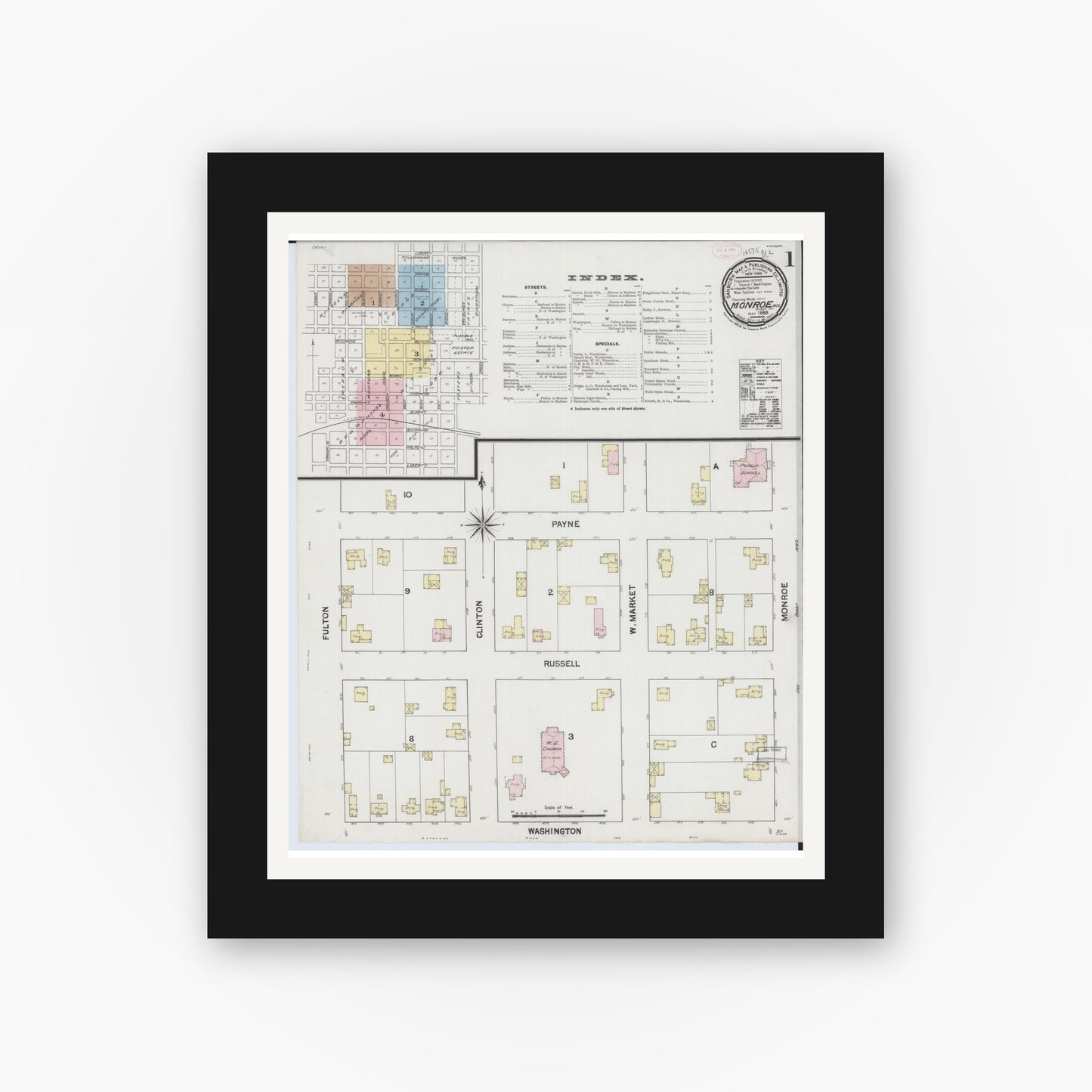 Old map wall art mockup — black gallery frame with white mat — Sanborn Fire Insurance Map from Monroe, Green County, Wisconsin (1889) - Complete Map Set